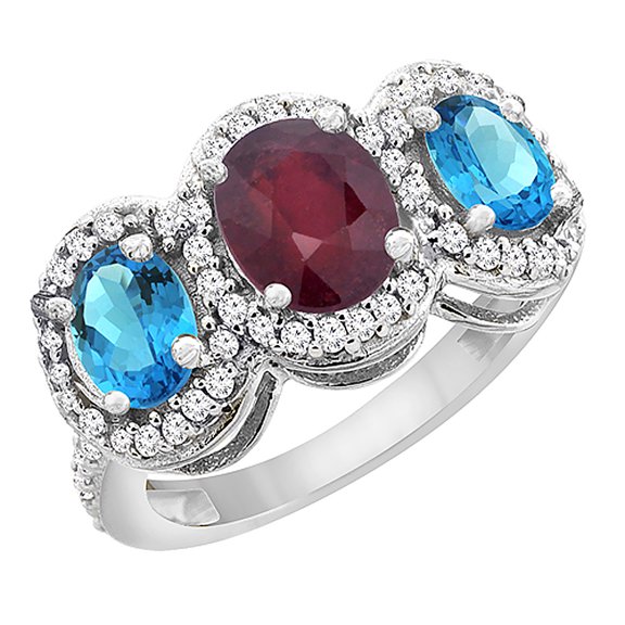 14K White Gold Enhanced Ruby & Natural Swiss Blue Topaz 3-Stone Ring Oval Diamond Accent, size 10