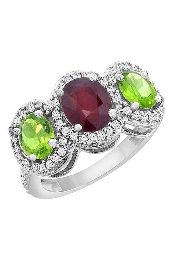 14K White Gold Enhanced Ruby & Peridot 3-Stone Ring Oval Diamond Accent, size 8