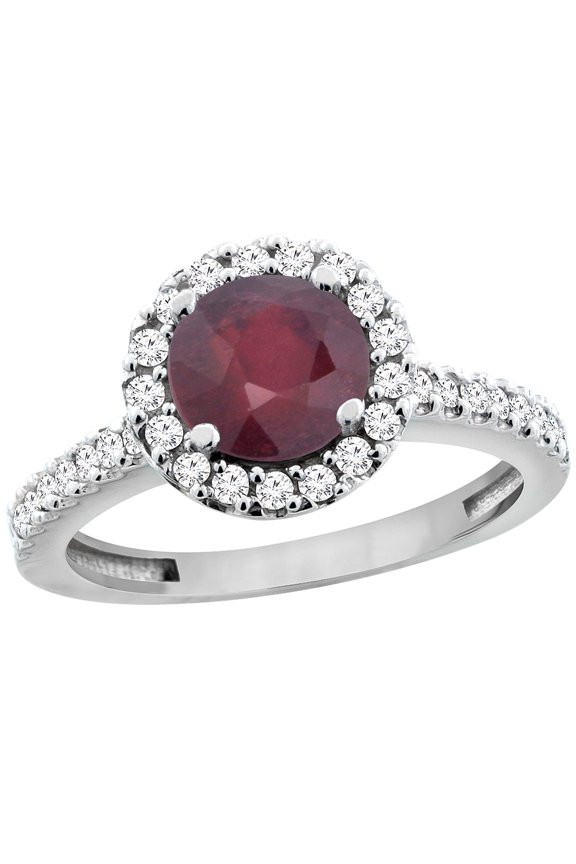 14K White Gold Enhanced Ruby Ring Round 6mm Floating Halo Diamond, size 8