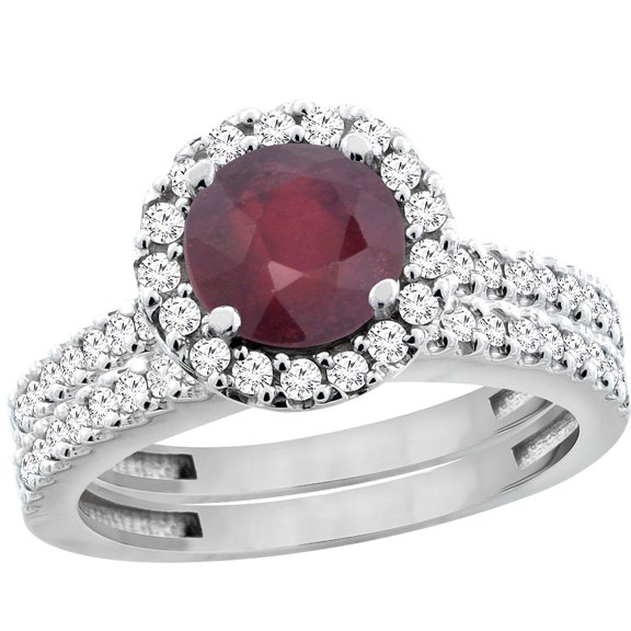 14K White Gold Enhanced Ruby Round 6mm 2-Piece Engagement Ring Set Floating Halo Diamond, size 8.5