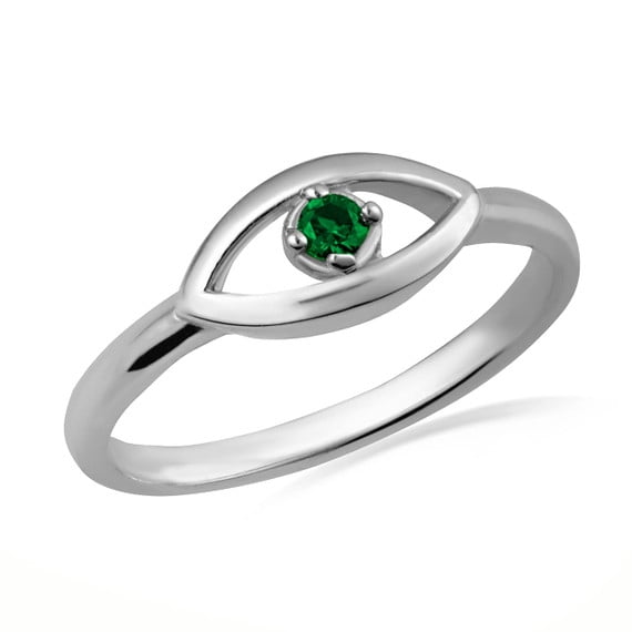 14K White Gold Evil Eye Birthstone Protection Ring Emerald (SIZE 4.25 ...