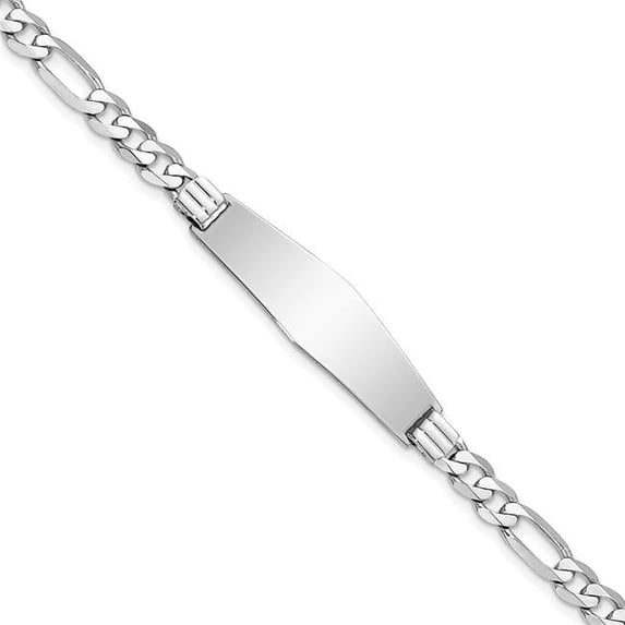 14K White Gold Figaro Link Soft Diamond Shape ID Bracelet