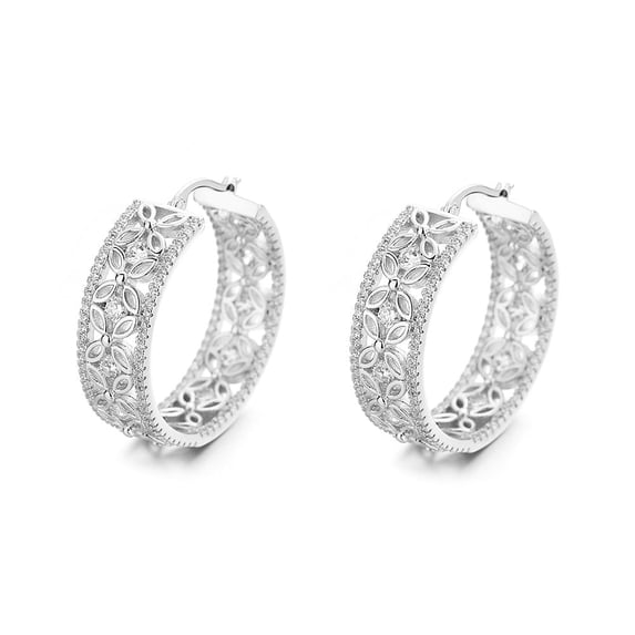 Amy and Annette Filigree Flower Hoop Earrings, 14K White Gold-Plated, with crystals