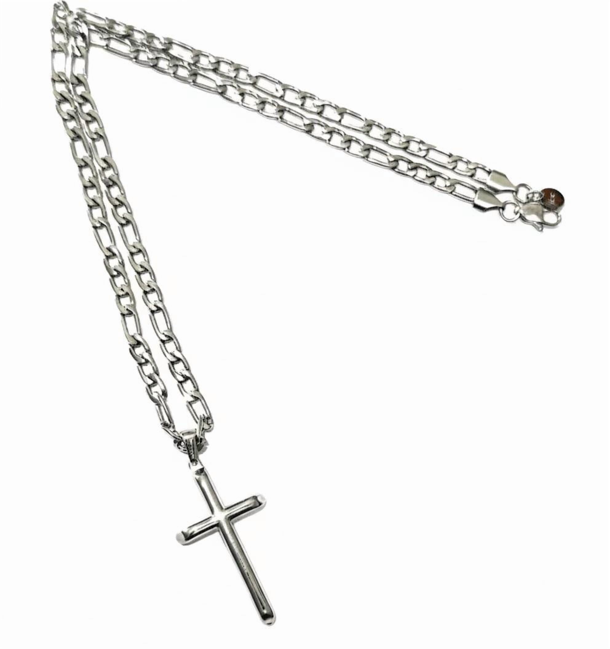 Cross Pendant Necklace – in 14K White Gold Plated 5mm Figaro Chain (18", 20"), (GP) Lifetime Warranty Included