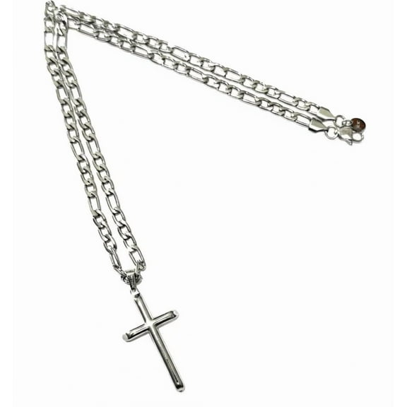 Cross Pendant Necklace – in 14K White Gold  Plated 5mm Figaro Chain (18", 20"), (GP) Lifetime Warranty Included
