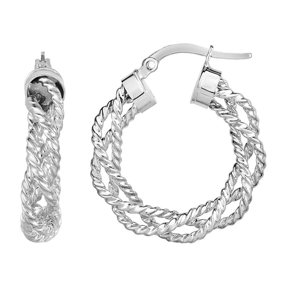 14K White Gold Finish 4x15mm Shiny Textured Round Hoop Earrings with Hinged