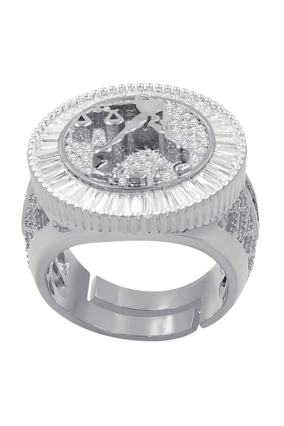 14K White Gold Finish Baguette/Round Cut Simulated Diamond Libra Scales Zodiac Sign Astrology Mens Ring Band