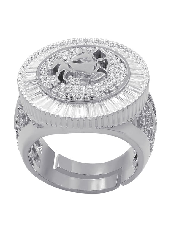 14K White Gold Finish Baguette/Round Cut Simulated Diamond Sagittarius Archer Zodiac Sign Astrology Mens Ring Band