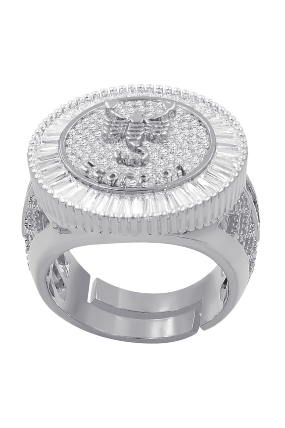 14K White Gold Finish Baguette/Round Cut Simulated Diamond Scorpio Zodiac Sign Astrology Mens Ring Band