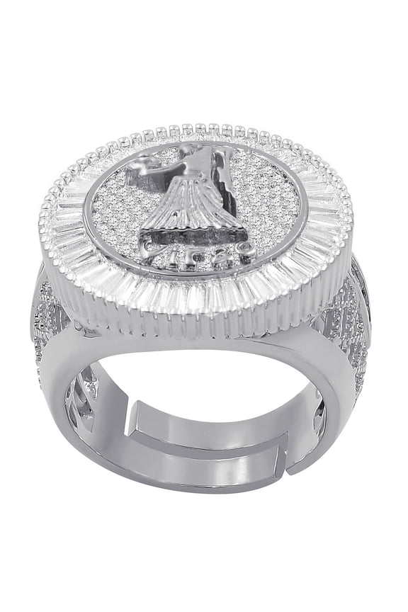 14K White Gold Finish Baguette/Round Cut Simulated Diamond Virgo Lucky Zodiac Sign Astrology Mens Ring Band