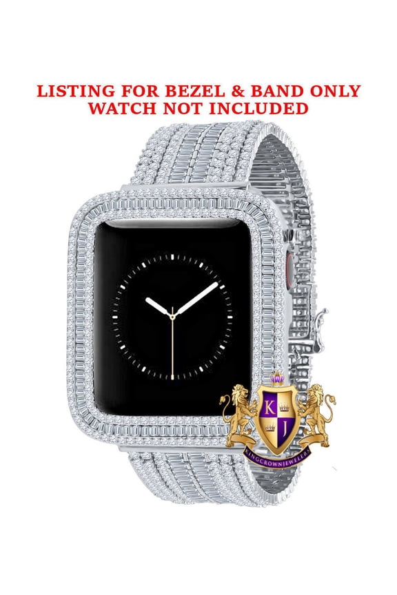 14K White Gold Finish Baguette Simulated Diamond 12 Cwt. Apple Watch Bezel 44 mm Fit Series # 4,5,6 Custom Cover Case + Matching Band