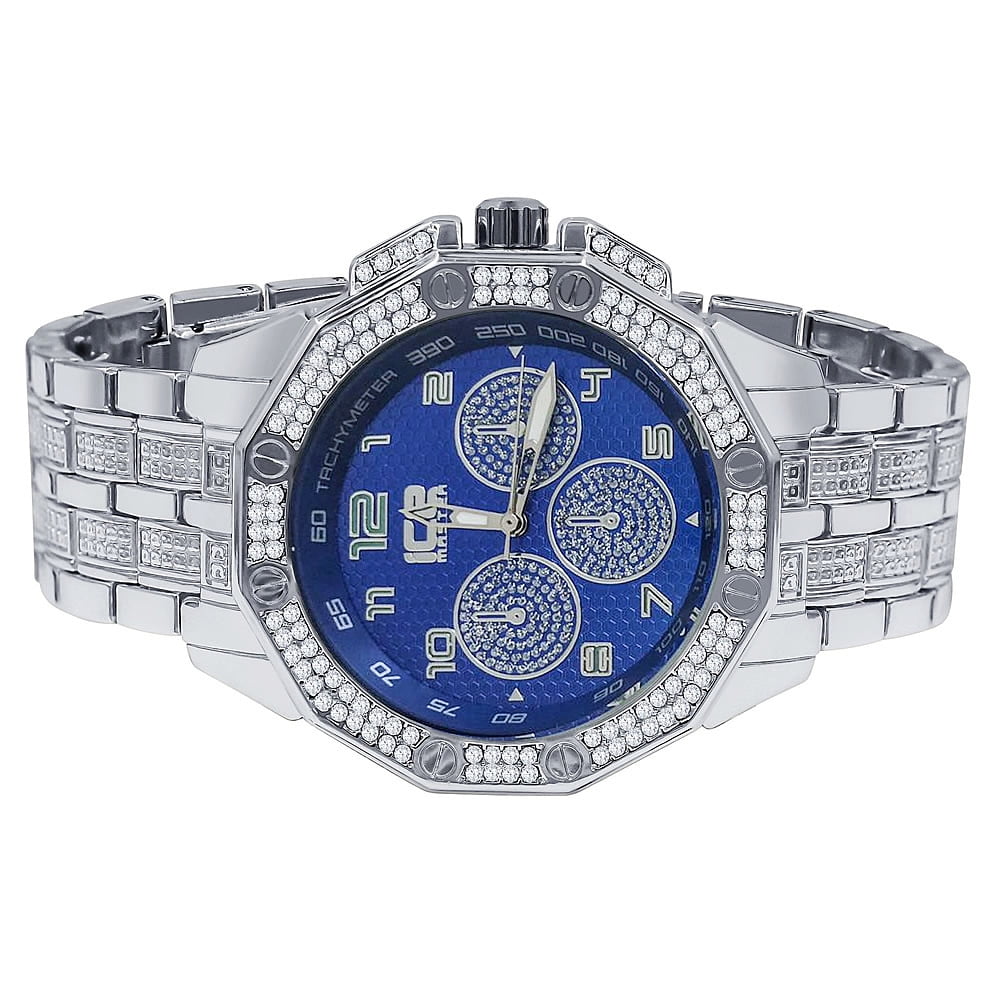 14K White Gold Finish Blue Dial Simulated Diamonds Iced Out Stainless ...