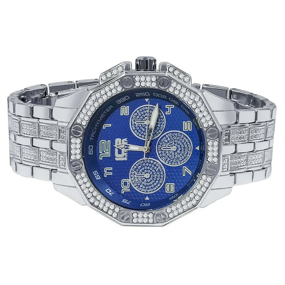 14K White Gold Finish Blue Dial Simulated Diamonds Iced Out Stainless Steel Back Ice Master Jo Rodeo Bling Metal Band Watch