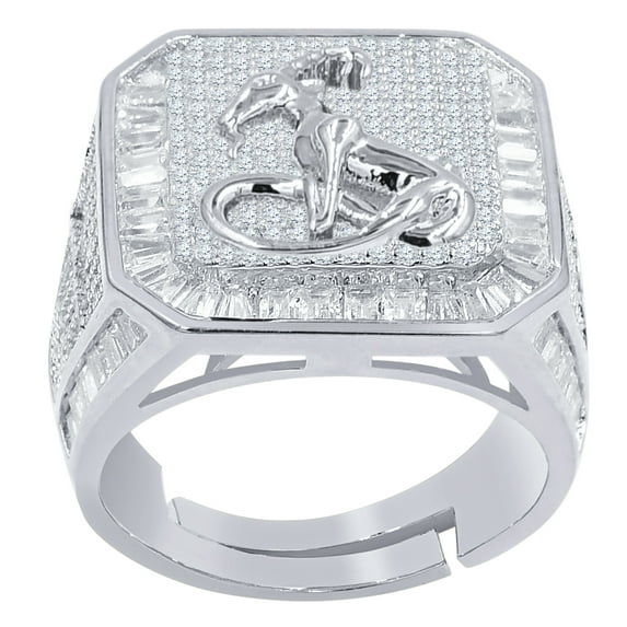 14K White Gold Finish Capricorn Horse Zodiac Sign Astrology Horoscope Band Baguette & Round Cut Simulated Diamond Ring