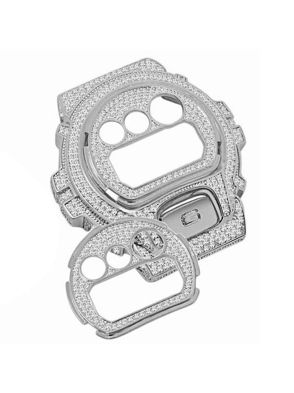 14K White Gold Finish Face Plate + Bezel + G Button 3 Piece Combo Set G-Shock DW6900 4.50 Cwt. Simulated Diamond Watch Custom Insert Cover Case