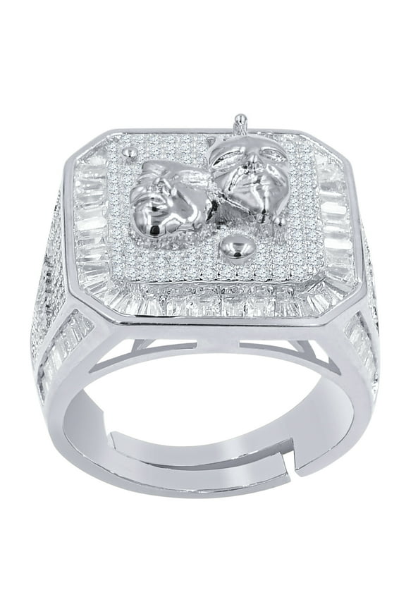 14K White Gold Finish Gemini Twins Zodiac Sign Astrology Horoscope Band Baguette & Round Cut Simulated Diamond Mens Ring