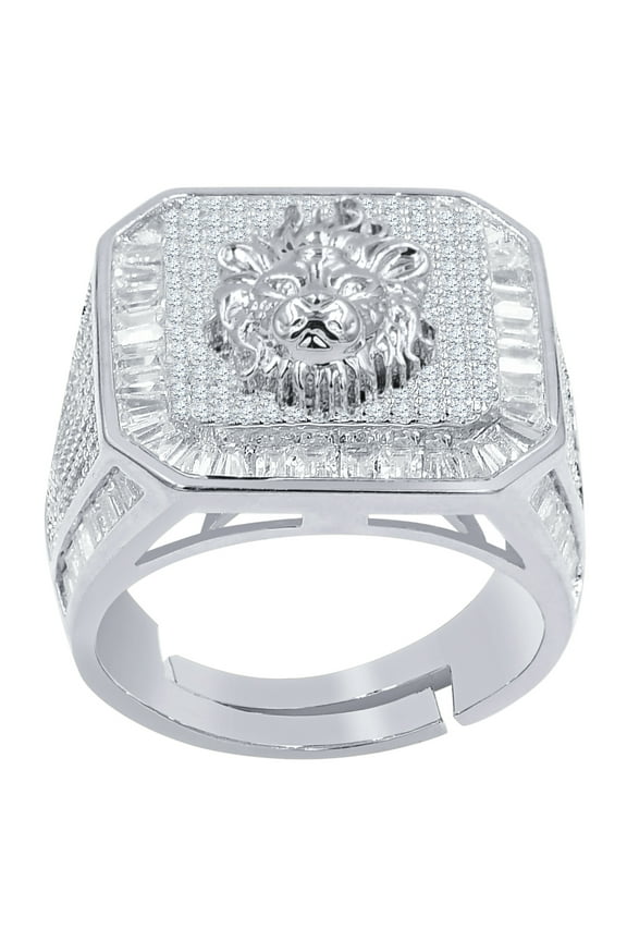 14K White Gold Finish Leo Lion Zodiac Sign Astrology Horoscope Band Baguette & Round Cut Simulated Diamond Mens Ring