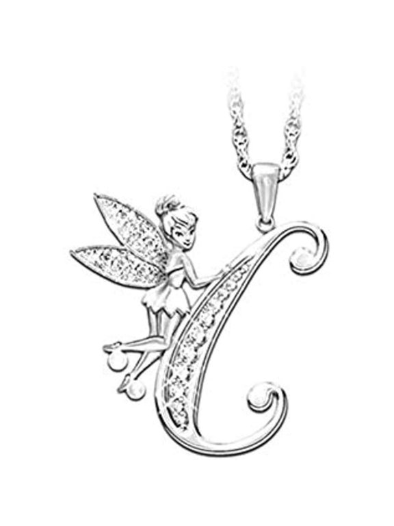 14K White Gold Finish Round Cut White Diamond 925 Sterling Silver Diamond Cute Elf Angele With C Initial Letter Pendant Necklace for Women
