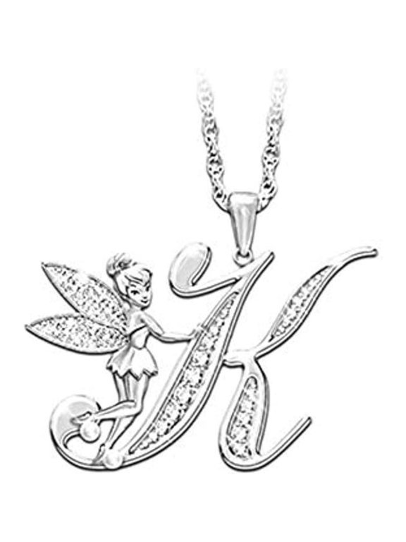 14K White Gold Finish Round Cut White Diamond 925 Sterling Silver Diamond Cute Elf Angele With K Initial Letter Pendant Necklace for Women