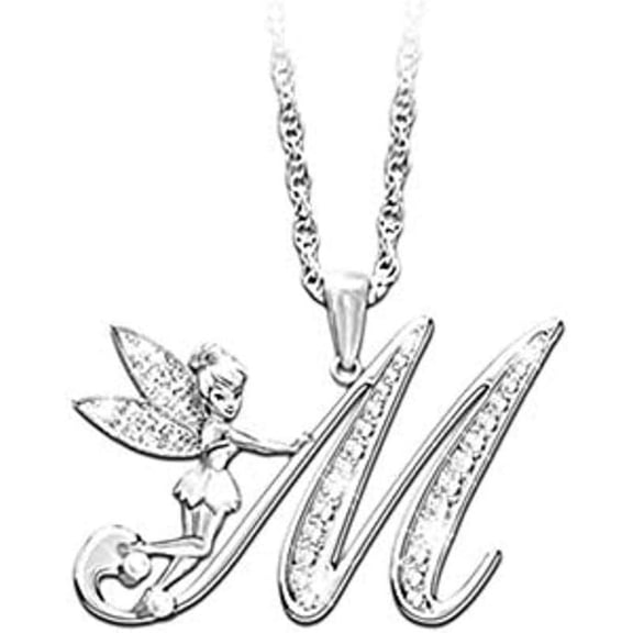 14K White Gold Finish Round Cut White Diamond 925 Sterling Silver Diamond Cute Elf Angele With M Initial Letter Pendant Necklace for Women