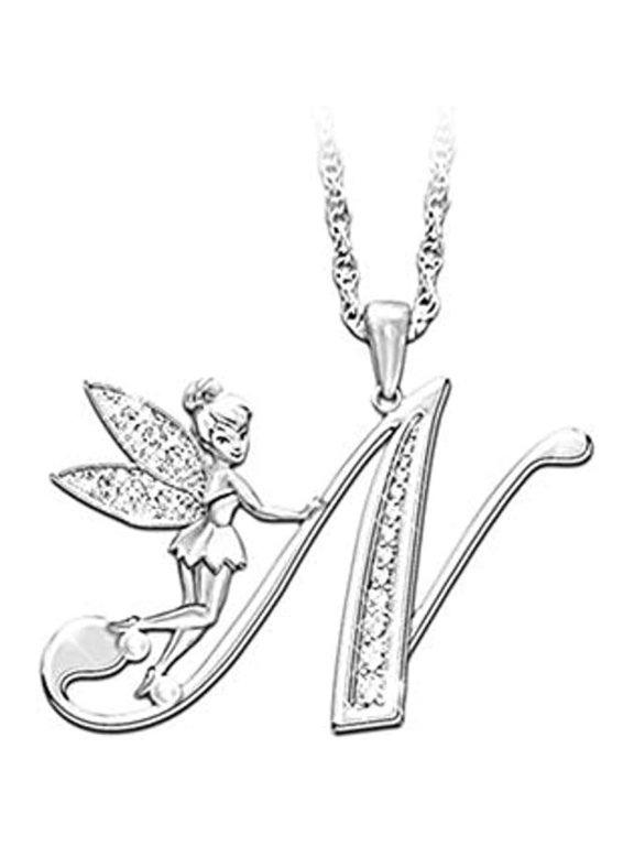 14K White Gold Finish Round Cut White Diamond 925 Sterling Silver Diamond Cute Elf Angele With N Initial Letter Pendant Necklace for Women