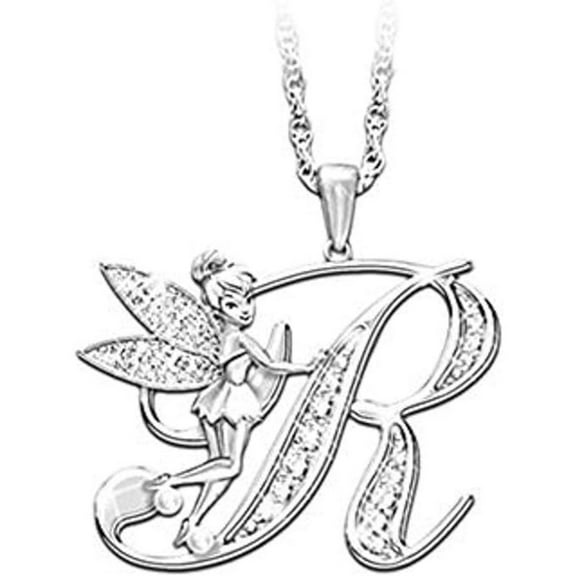 14K White Gold Finish Round Cut White Diamond 925 Sterling Silver Diamond Cute Elf Angele With R Initial Letter Pendant Necklace for Women