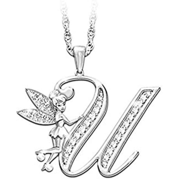 14K White Gold Finish Round Cut White Diamond 925 Sterling Silver Diamond Cute Elf Angele With U Initial Letter Pendant Necklace for Women