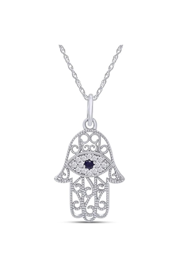 14K White Gold Finish Round Cut White Diamond 925 Sterling Silver Hamsa Hand & Evil Eye Pendant Necklace for Women