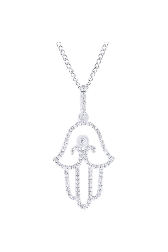 14K White Gold Finish Round Cut White Diamond 925 Sterling Silver Hamsa Hand Shape Pendant Necklace for Women Jewelry