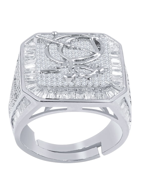 14K White Gold Finish Sagittarius Archer Zodiac Sign Astrology Horoscope Ring Baguette & Round Cut Simulated Diamond Band