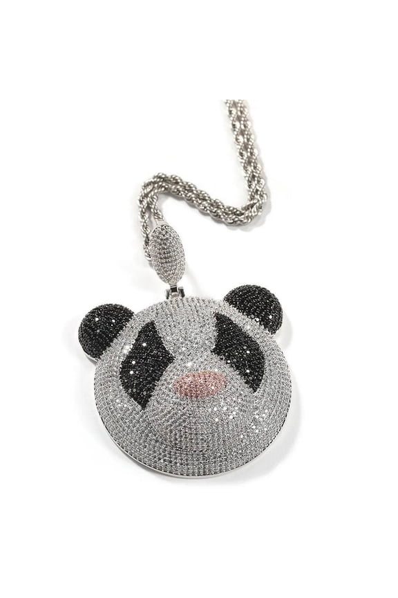 14K White Gold Finish Simulated Diamond Custom Iced Out Bling Chinese Panda Cartoon Animal Charm Pendant Necklace