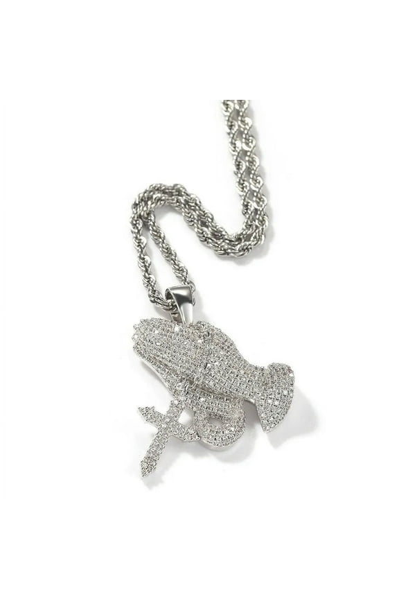 14K White Gold Finish Simulated Diamond Custom Iced Out Bling Praying Hands Rosary Charm Pendant Necklace
