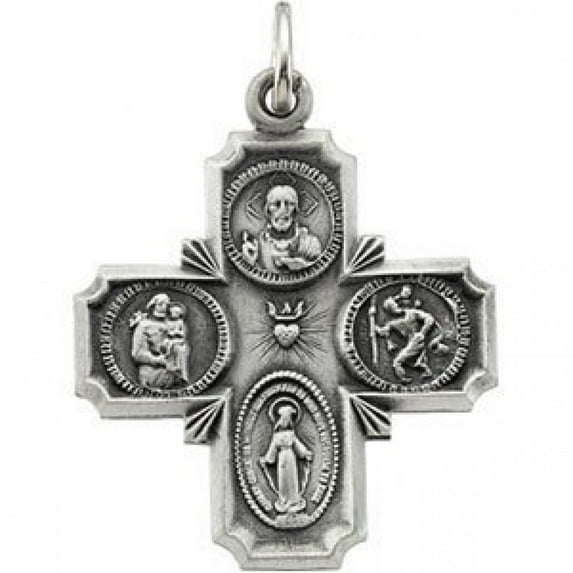 14K White Gold Four Way Religious Medal - Solid 14k White Gold, 3/4 in x 3/4 in (18mm x 18mm)