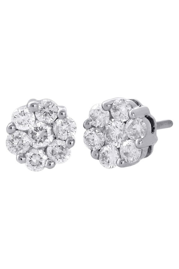 14K White Gold Genuine Diamond Flower Studs Prong Set Mini 7.55mm Earrings 1 Ct.