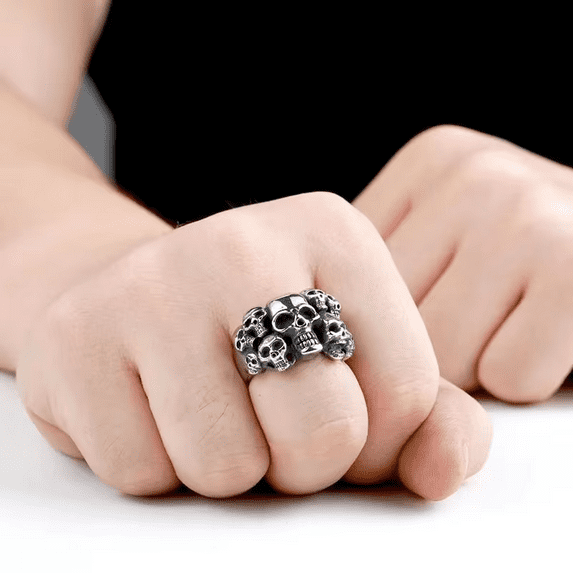 14K White Gold Gothic Punk Skull Ring Vintage Antique Style Biker Cocktail Party Rings Skullies For Men