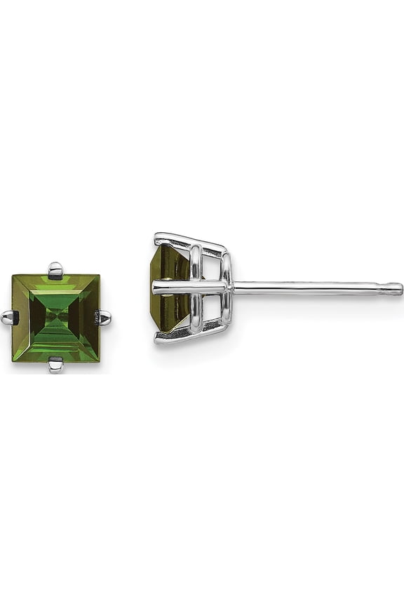 14K White Gold 5mm Princess Green Tourmaline Post Earrings