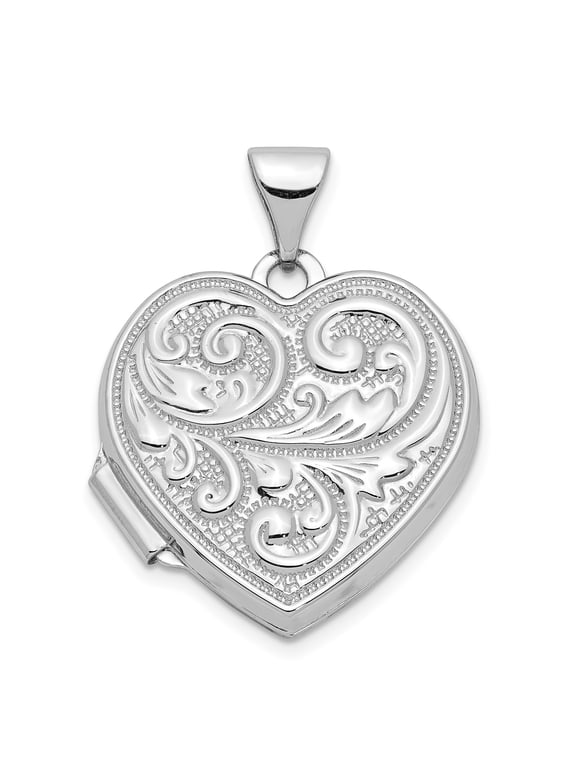 14K White Gold Heart Locket Pendant Necklace for Women with Floral Scroll Design, Romantic Keepsake Jewelry for Photo Remembrance, Classic Fine Memorial Heirloom Style