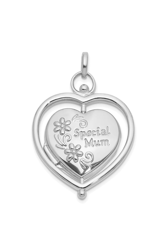 14K White Gold Heart Locket Pendant for Women with Floral Engraving, Special Mum Inscription, Sentimental Keepsake Jewelry for Mother, Memorial or Family Necklace