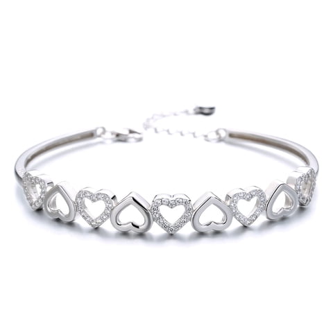 14K White Gold Hearts Bangle Adjustable Bracelet with simulated Diamonds in 14K White Gold Plated