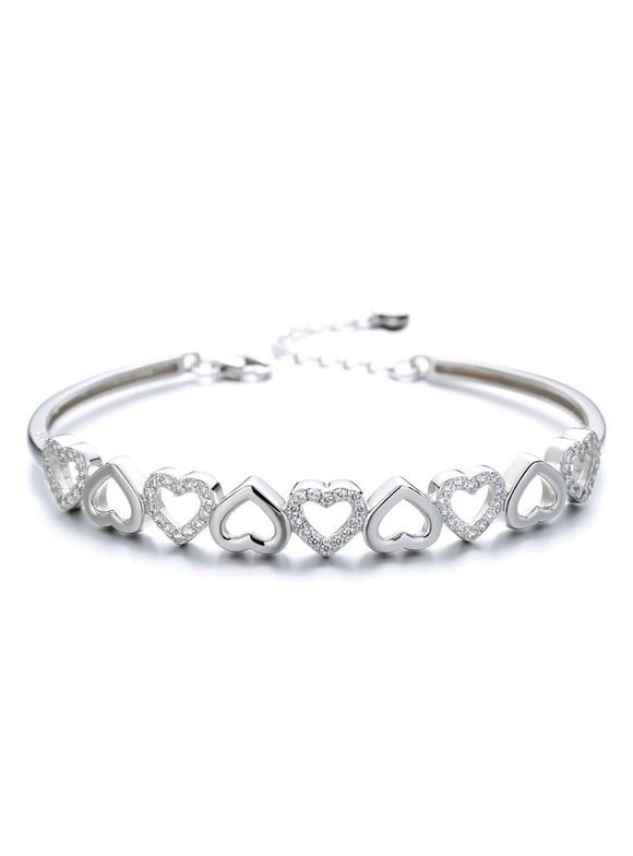 14K White Gold Hearts Bangle Adjustable Bracelet with crystals from Swarovski in 14K White Gold Plated