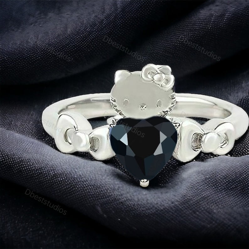DBESTSTUDIOS 14K White Gold Hello Kitty Ring Cut Kitty Onyx Wedding Ring Kitty Inspired Ring Cat Lover Gift Jewelry Promise Statement Rings Proposal Ring