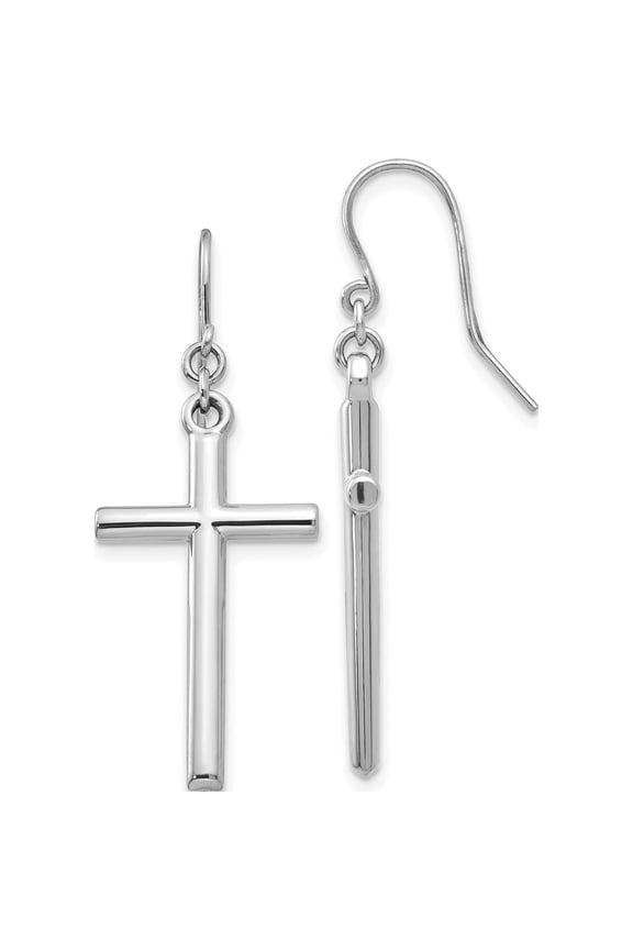 14K White Gold Hollow Polished Cross Dangle French Hook Earrings
