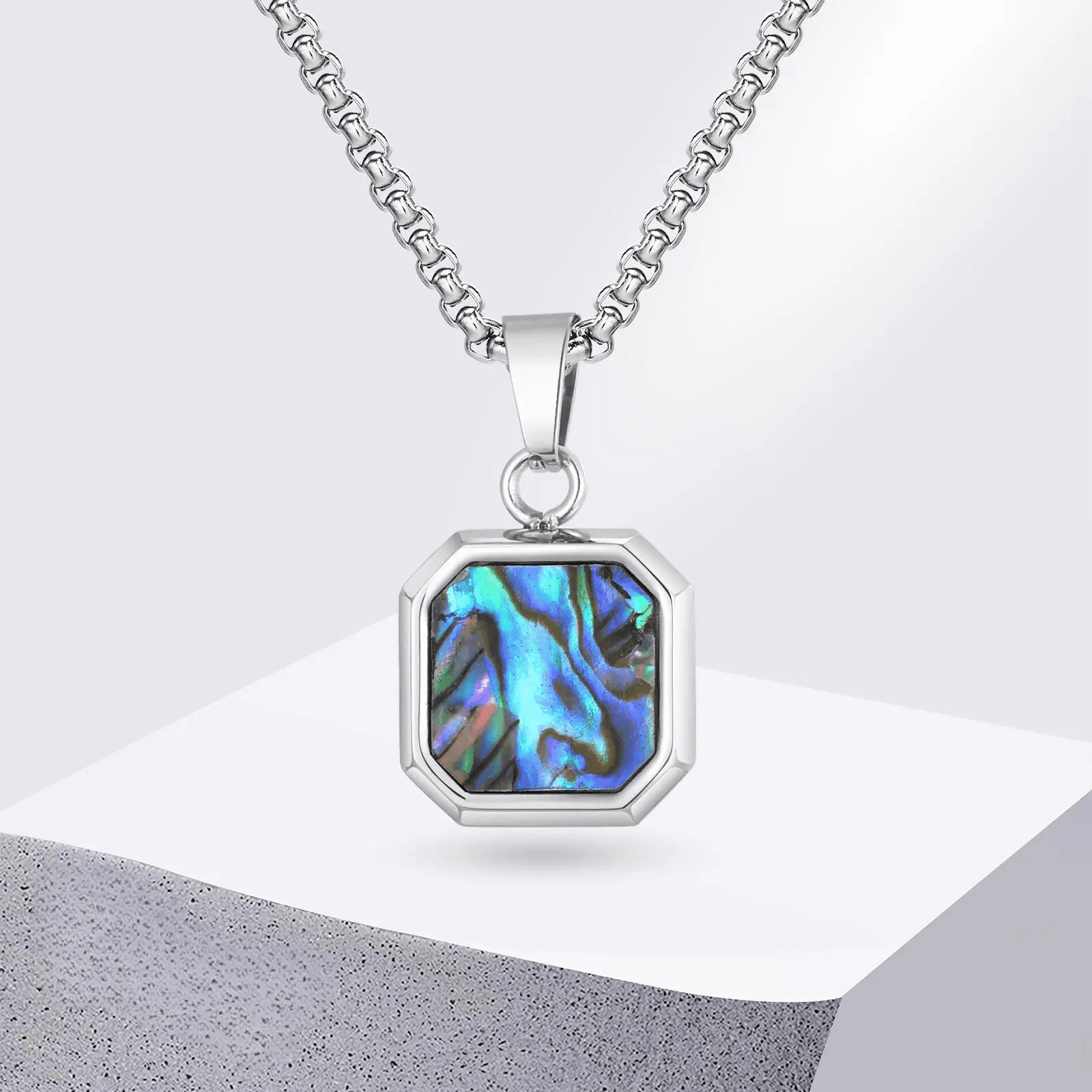 14K White Gold Hypoallergenic Square Malachite Abalone Shell Pendant ...