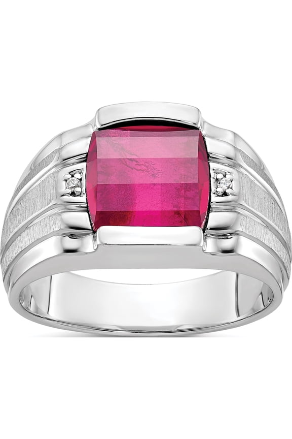 IB Goodman 14K White Gold Mens Satin Barrel Lab Created Ruby and Diamond Complete Ring