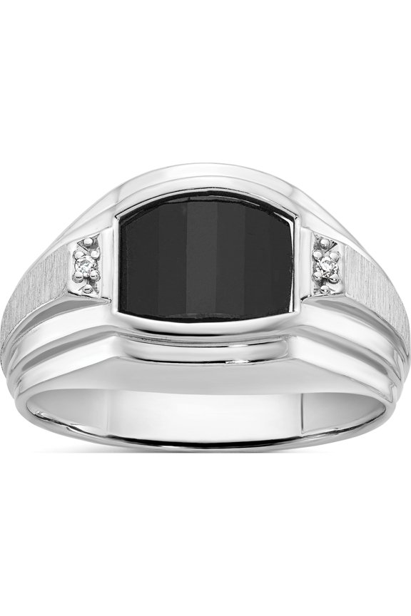 IB Goodman 14K White Gold Mens Satin Barrel Onyx and Diamond Complete Ring