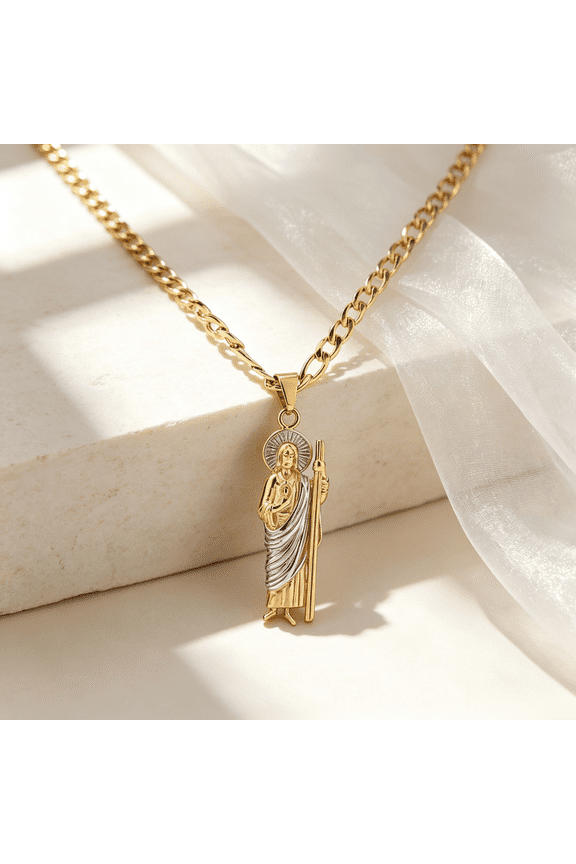 14K Gold Filled Christian Charm Necklace, Bible Prayer Theme Featuring Jude Thaddeus Pray For Us, Cross Jesus Crucifix Detailed Decorative Gifts