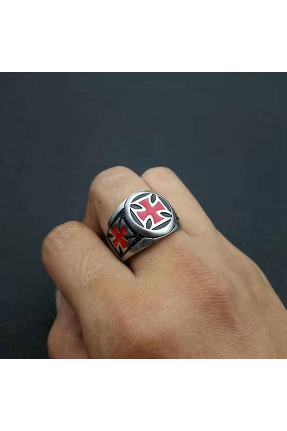 14K White Gold Knights Templar Ring new Design Shield silver Black color Epoxy Red Cross men Ring gift