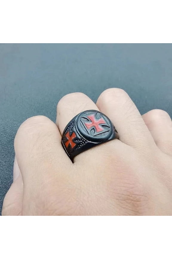 14K White Gold Knights Templar Ring new Design Shield silver Black color Epoxy Red Cross men Ring gift