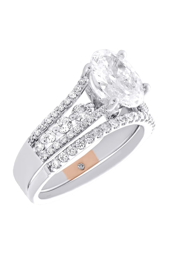 14K White Gold Lab Created Oval Diamond Solitaire Cathedral Bridal Set 2.13 CT