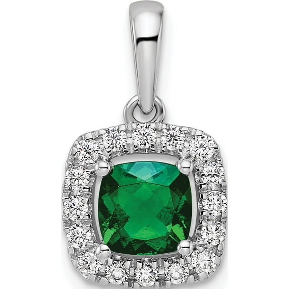 14K White Gold Lab Grown Diamond And Created Emerald Halo Pendant (12 X 10.8) Made In India pm9037-cem-028-wlg